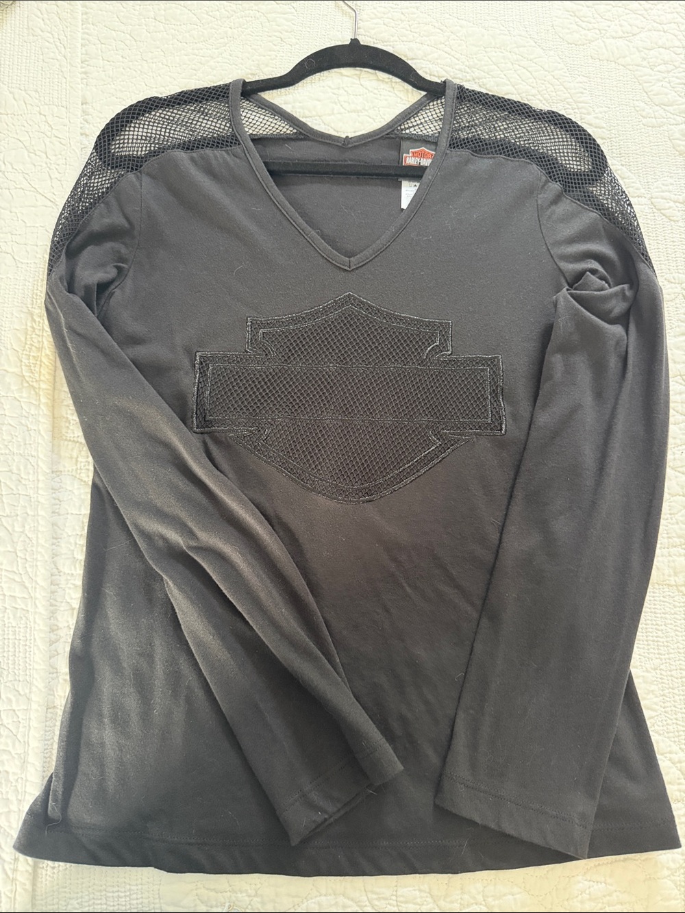 Harley-Davidson Black Long Sleeve V-Neck Tee with Mesh Logo & Shoulders